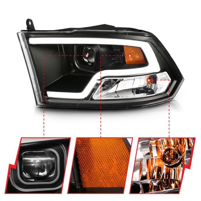 ANZO 09-18 Dodge Ram 1500 Plank Style Projector Headlights Black w/ Halo - 0