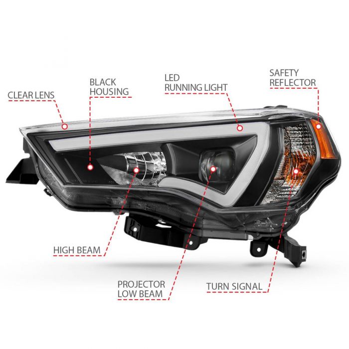 ANZO 14-18 Toyota 4 Runner Plank Style Projector Headlights Black w/ Amber - 0