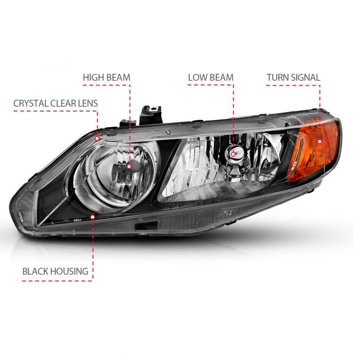 ANZO 2006-2011 Honda Civic 4 Door Crystal Headlight Black Amber (OE Replacement) - 0