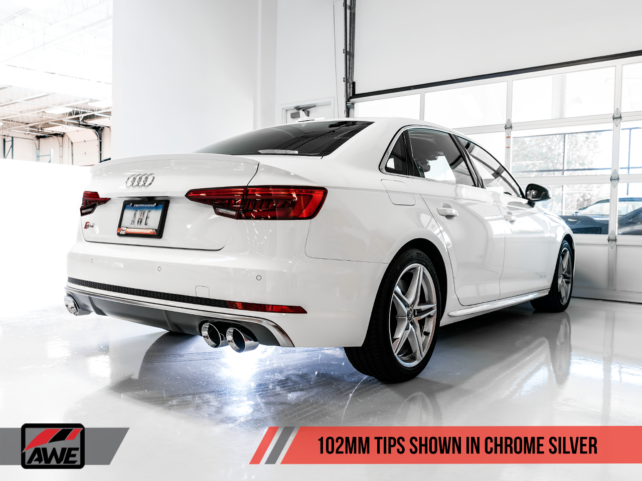 AWE Touring Edition Exhaust for B9 S4 - Resonated for Performance Catalyst - Chrome Silver 102mm Tips