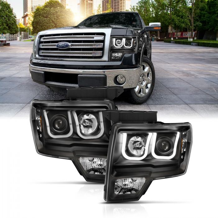 ANZO 2009-2014 Ford F-150 Projector Headlights w/ U-Bar Black Amber (HID TYPE) (WITHOUT HID KIT)