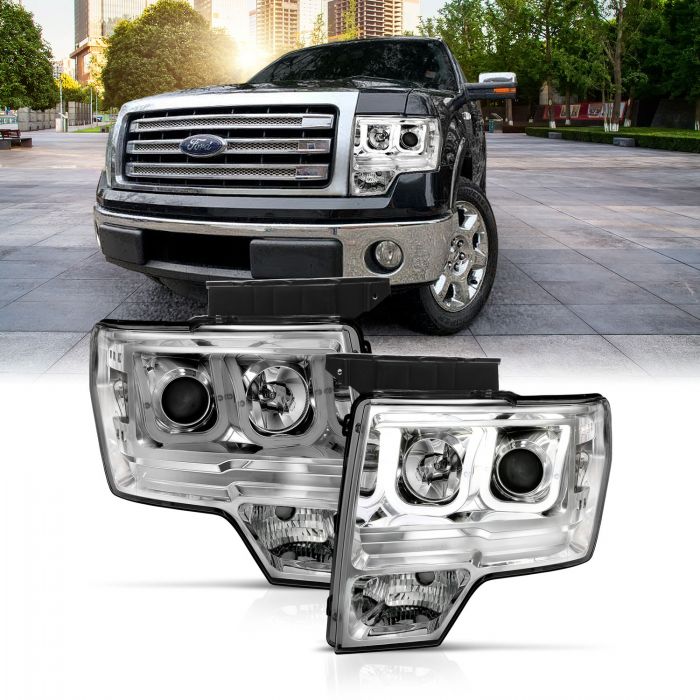 ANZO 2009-2014 Ford F-150 Projector Headlights w/ U-Bar Chrome Amber (HID TYPE) (WITHOUT HID KIT)