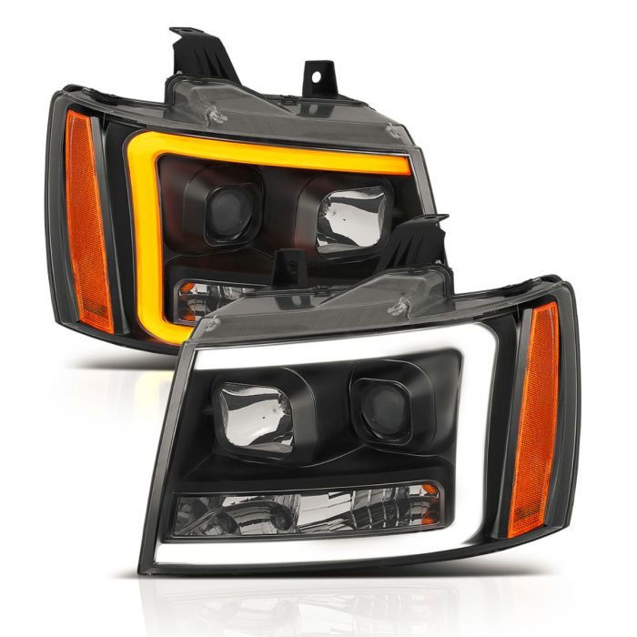 ANZO 07-14 Chevy Tahoe Projector Headlights w/ Plank Style Design Black w/ Amber - 0