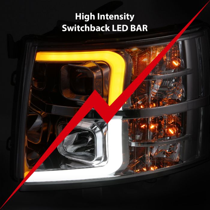 ANZO 07-13 Chevrolet Silverado 1500/2500/3500 Proj Headlights w/ Plank Style Switchback Chrome w/Amb - 0