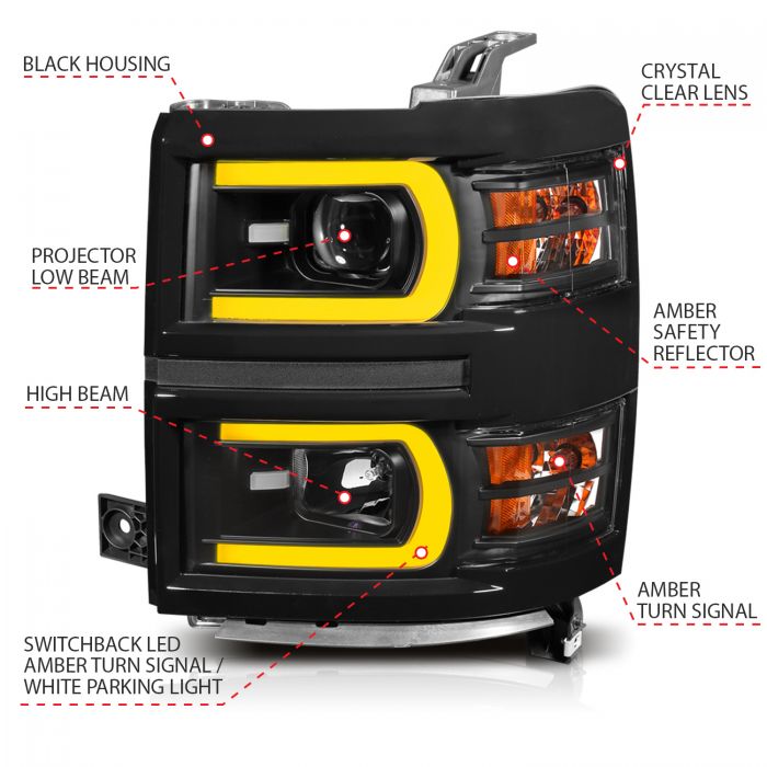 ANZO 14-15 Chevrolet Silverado 1500 Projector Headlights w/ Plank Style Switchback Black w/ Amber - 0