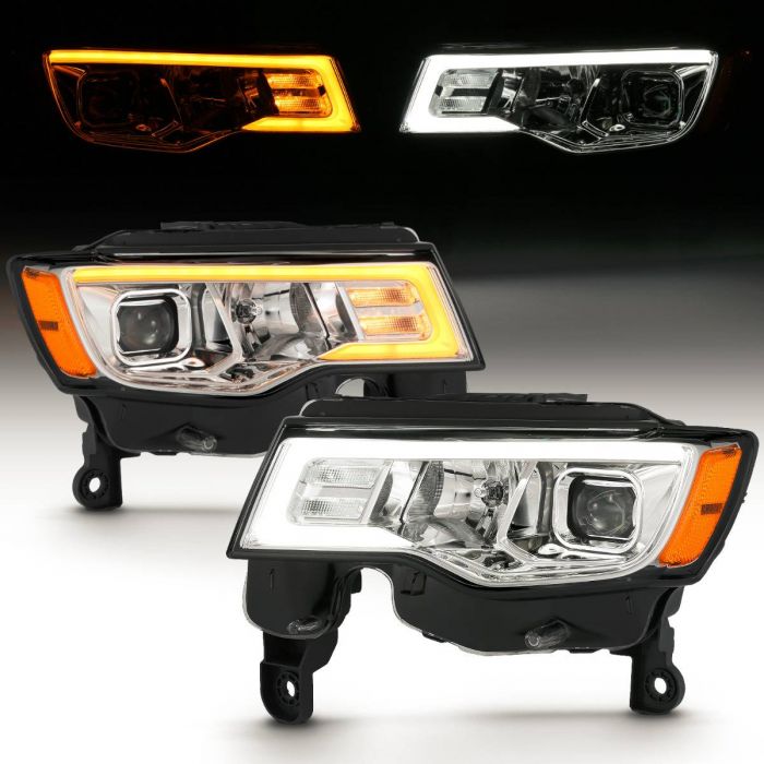 ANZO 2017-2018 Jeep Grand Cherokee Projector Headlights w/ Plank Style Switchback - Chrome w/ Amber - 0