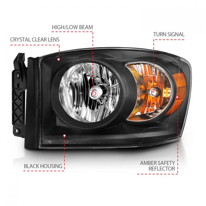 ANZO 2006-2009 Dodge Ram 1500 Crystal Headlight  Black Amber - 0