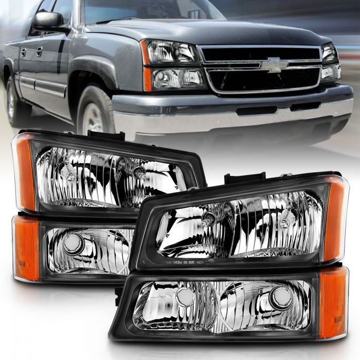 ANZO 2003-2006 Chevy Silverado Crystal Headlight w/ Signal Light Black Amber (4 pcs)