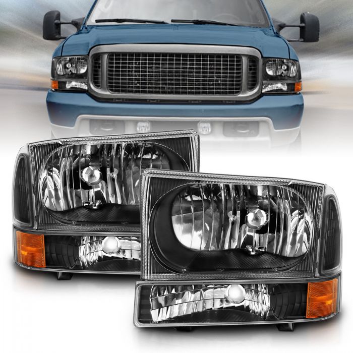 ANZO 2000-2004 Ford Excursion Crystal Headlight w/ Corner Light Black Amber (w/o Bulb)