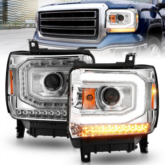 ANZO 2014-2015 Gmc Sierra 1500 Projector Headlights w/ Light Bar Chrome Housing (Halogen Type)