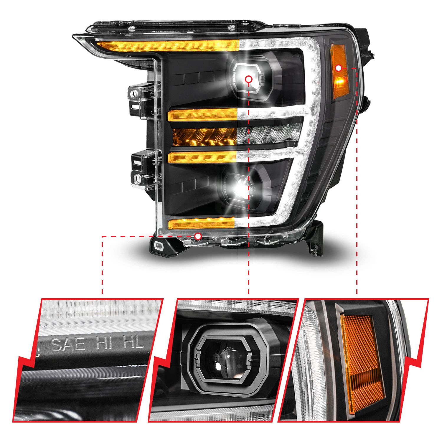 FORD F-150 21-23 FULL LED PLANK PROJECTOR HEADLIGHTS BLACK W/ INITIATION & SEQUENTIAL (FOR HALOGEN MODELS ONLY)