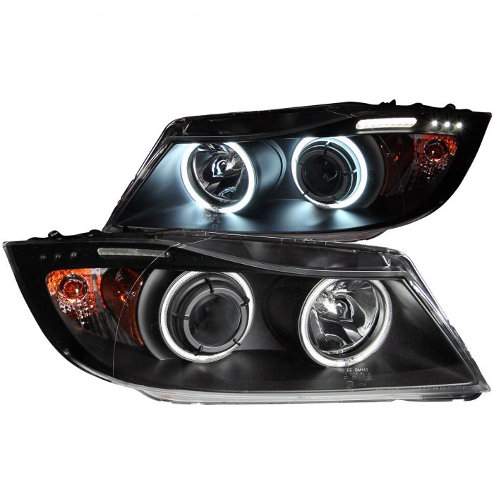 ANZO 2006-2008 BMW 3 Series E90-E91 Projector Headlights w/ Halo w/ LED Bar Black (CCFL)