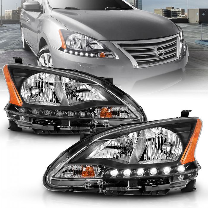 ANZO 2013-2015 Nissan Sentra Crystal Headlights Black Housing Amber With Led Parking Light