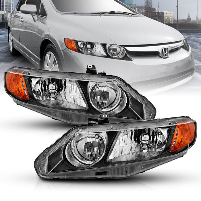 ANZO 2006-2011 Honda Civic 4 Door Crystal Headlight Black Amber (OE Replacement)