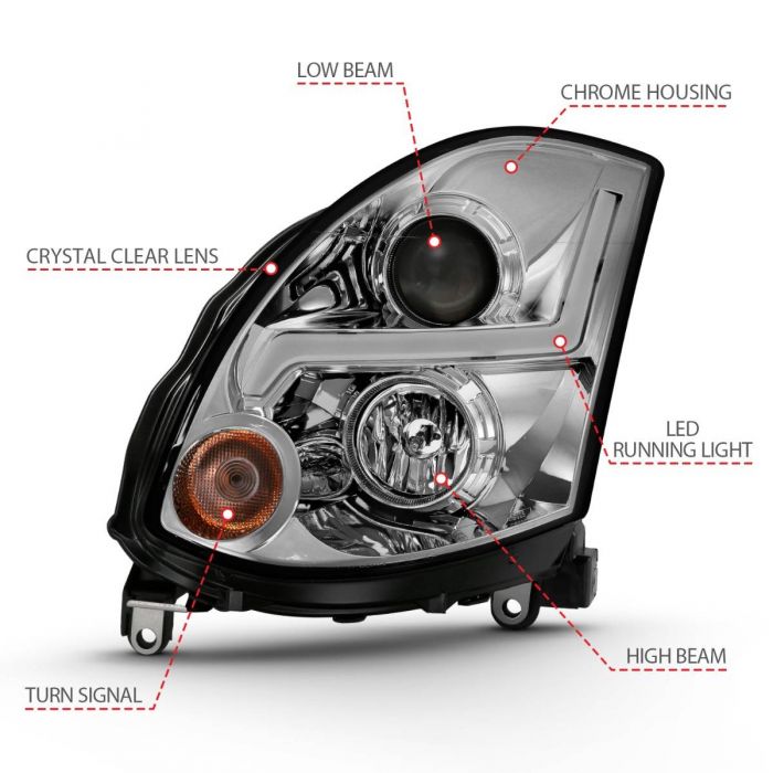 ANZO 2003-2007 Infiniti G35 Projector Headlight Plank Style Chrome (HID Compatible, No HID Kit ) - 0