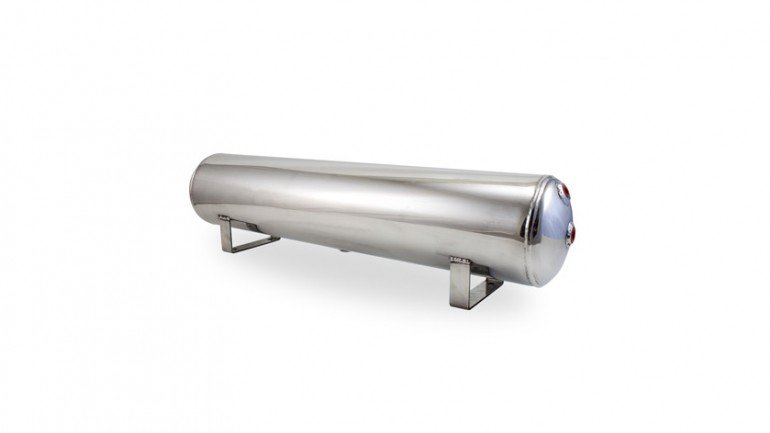 4 Gal Alum Air Tank - (2) 1/4", (2) 3/8" end ports, & 1/4" drain port - 30" L x 6" D - Polished