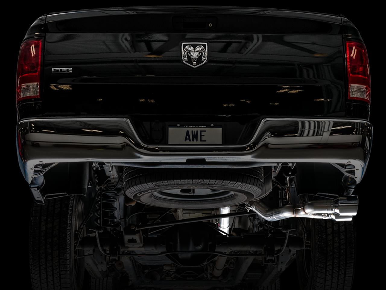 AWE 0FG Single Side Exit Catback Exhaust for 4th Gen RAM 1500 5.7L (without bumper cutouts) - Dual Chrome Tips