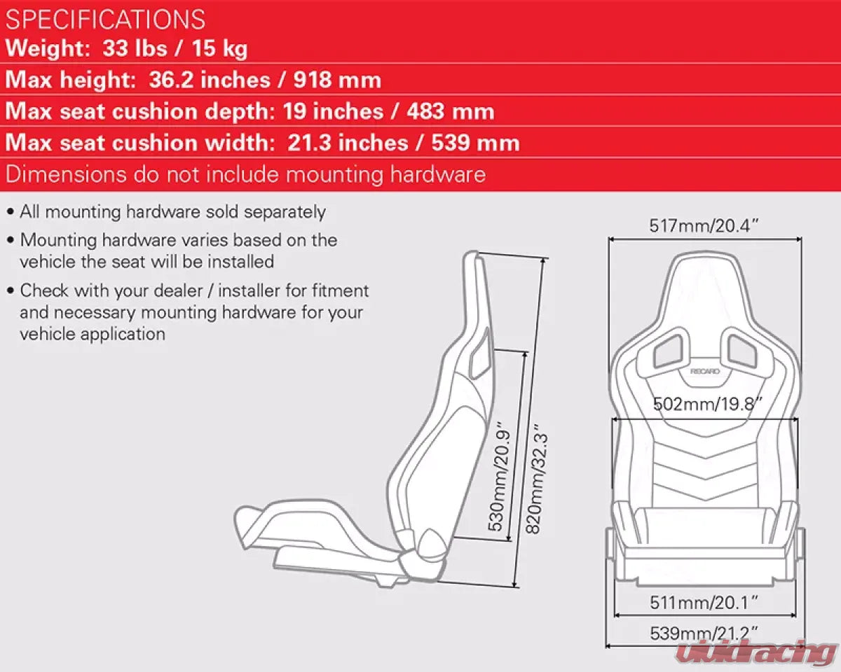 RECARO Sportster GT Seat Reclineable - Passenger Seat - Vinyl Black | Red Suede w/Red Logo - 0