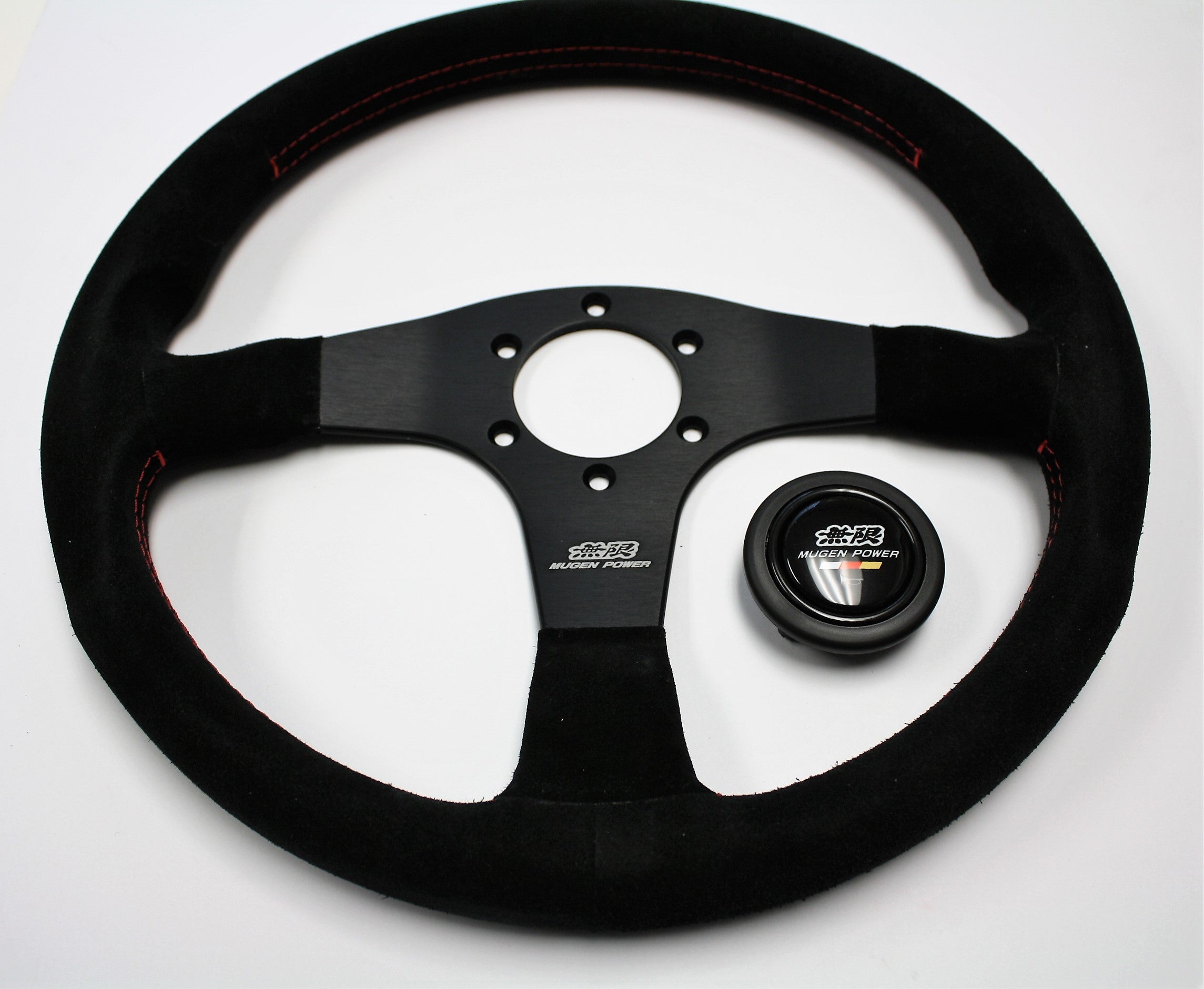 MUGEN Racing III Steering Wheel - 350mm (Black Suede / Red Stitch)