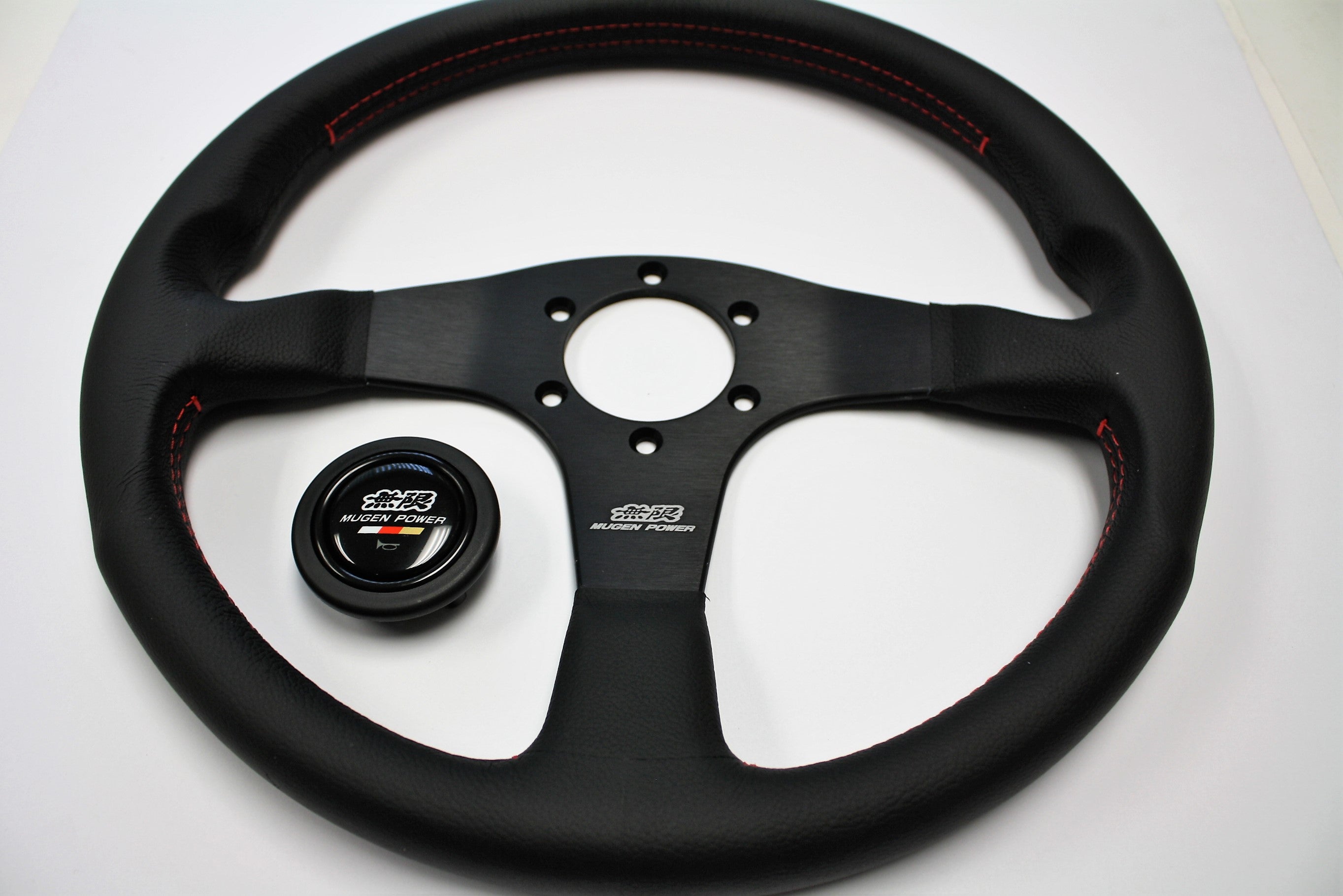 MUGEN Racing III Steering Wheel - 350mm (Black Leather / Red Stitch)