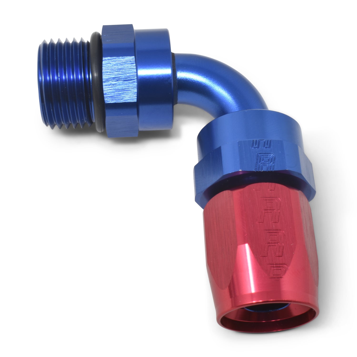 Russell Performance Swivel Hose End Assy #10 AN Male SAE Port to #8 Hose 90 Deg Red/Blue Anodized