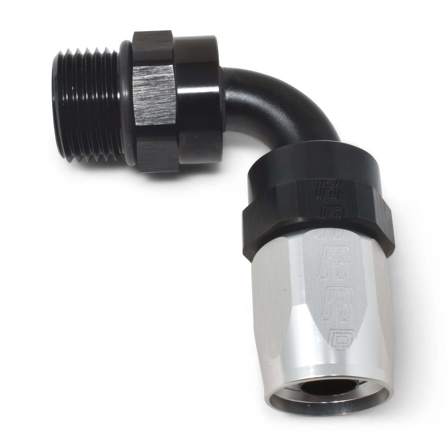 Russell Performance Swivel Hose End Assy #10 AN Male SAE Port to #8 Hose 90 Deg Clr/Blk Anodized