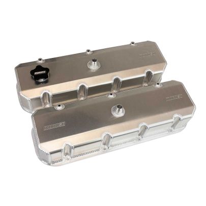 VALVE COVERS, BBC, 3.875 IN. TALL, POCKETS ON EXHAUST & TUBES ON INTAKE, FAB. ALUM., W MALE BREATHER