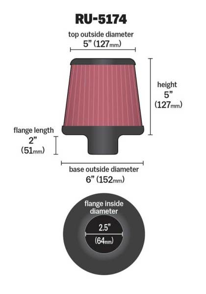 K&N Universal Rubber Filter-Round Tapered 2.5in Flange ID x 6in Base OD x 5in Top OD x 5in Height - 0