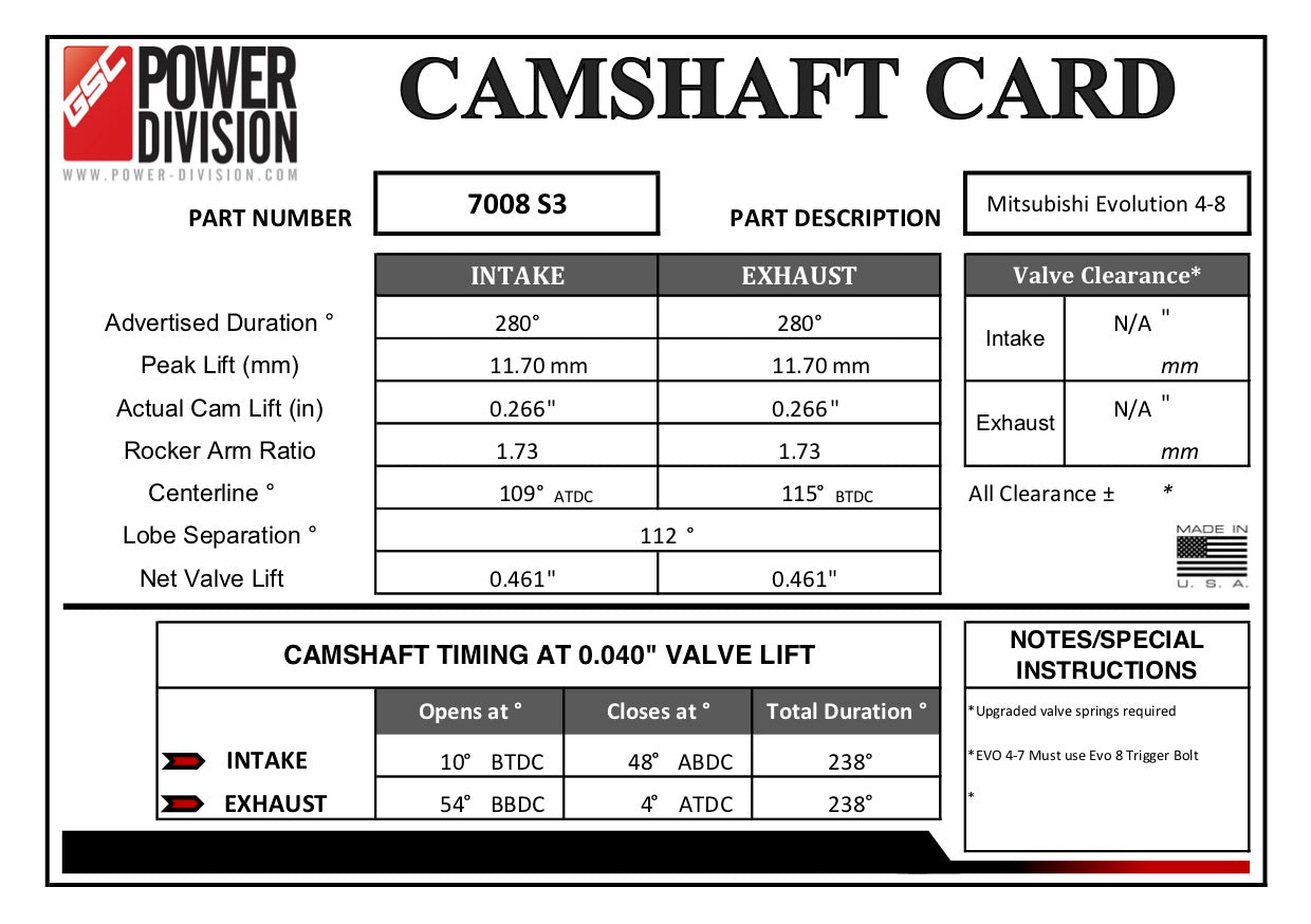 GSC Power-Division Billet Evolution 4-8 S3 Camshafts - 0