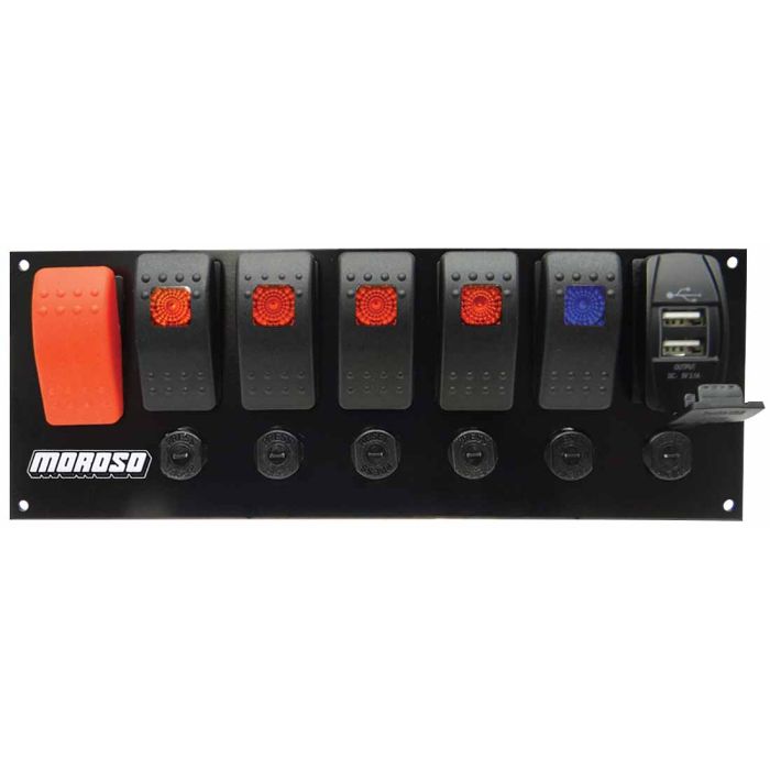 Moroso Rocker Switch Panel - Flat Surface Mount - LED w/USB - 3.388in x 9.15in -Five On/Off Switches