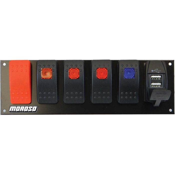 Moroso Rocker Switch Panel - Flat Surface Mount - LED w/USB - 2.488in x 7.85in -Five On/Off Switches