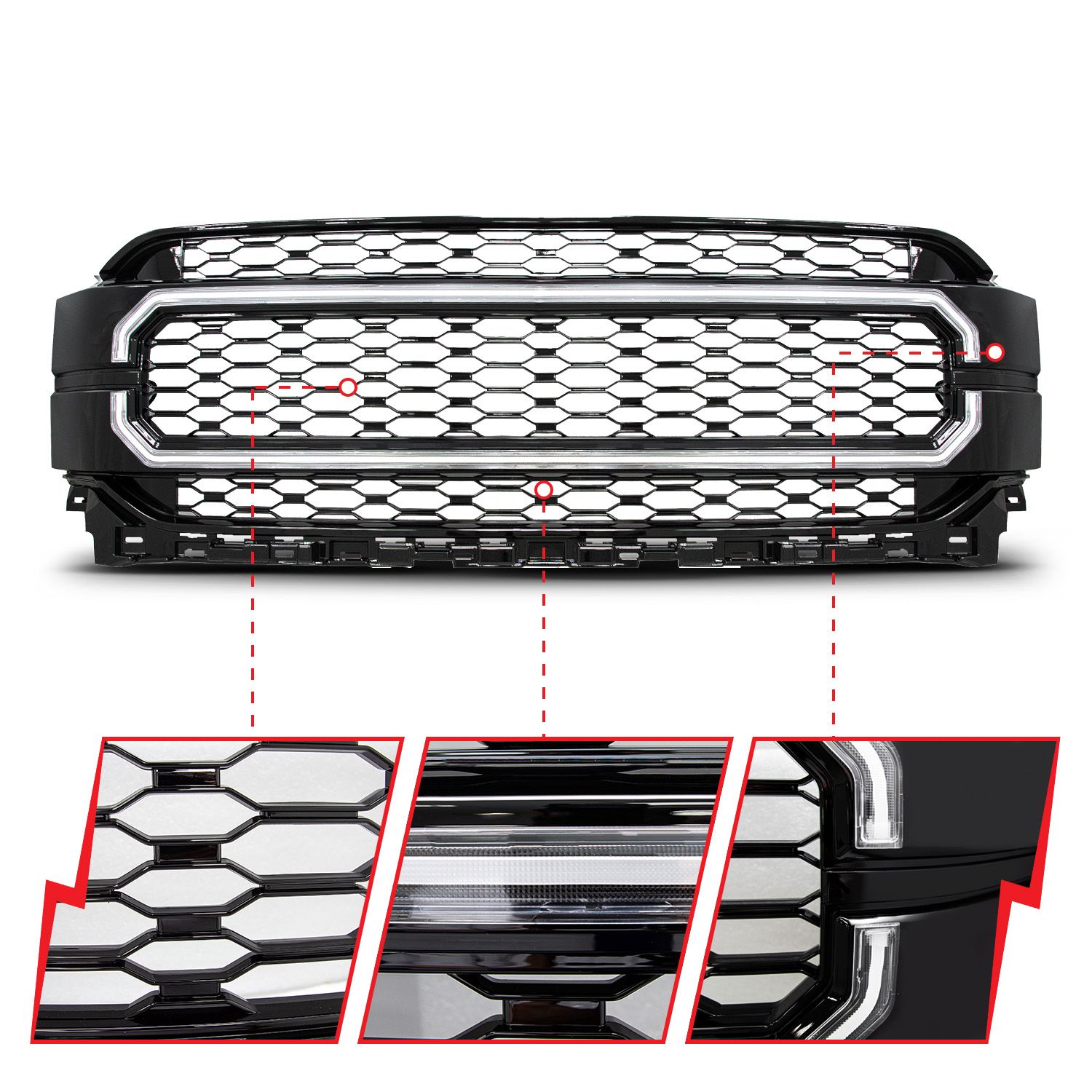 FORD F-150 21- 23 NEXUM SERIES BLACK LED GRILLE W/ IGNITION INITIATION FEATURE & RUNNING LIGHT BAR