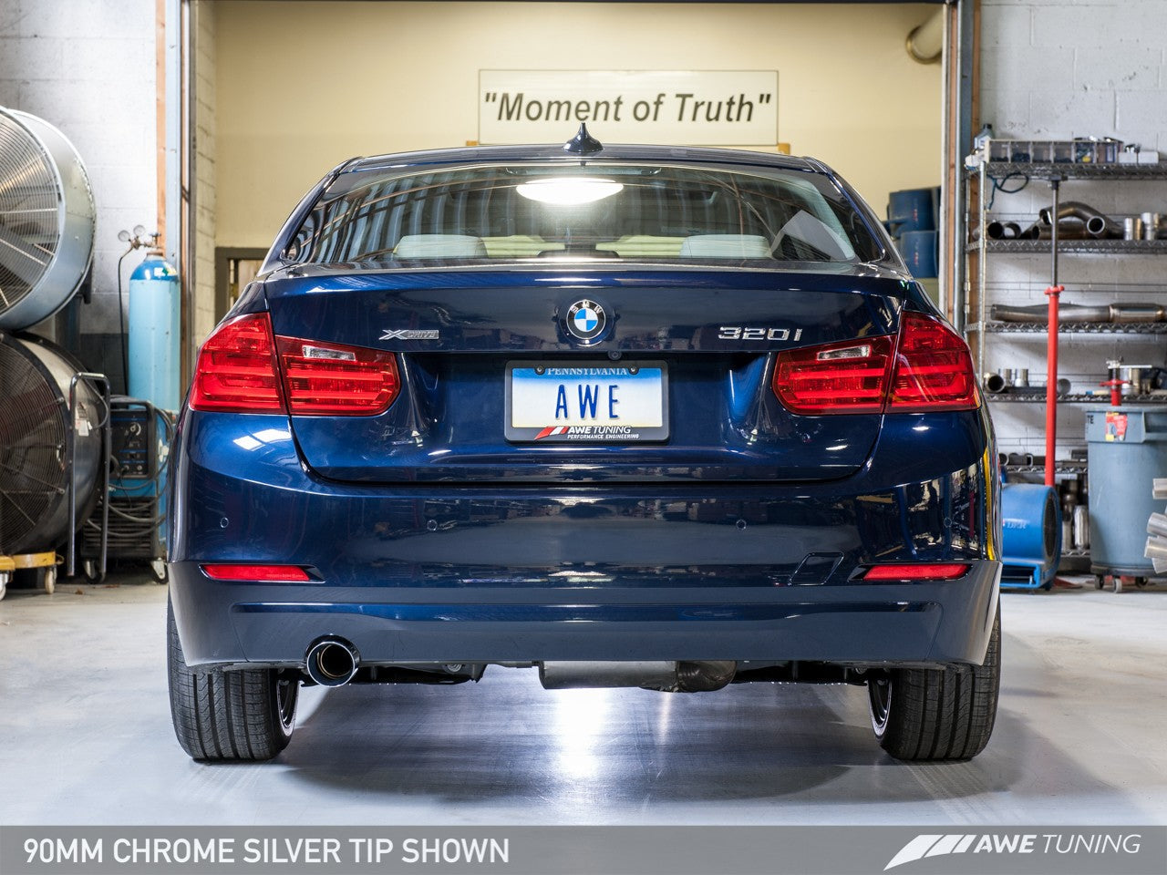 AWE Touring Edition Exhaust + Performance Mid Pipe for BMW F30 320i, Single Side - Chrome Silver Tip (90mm)