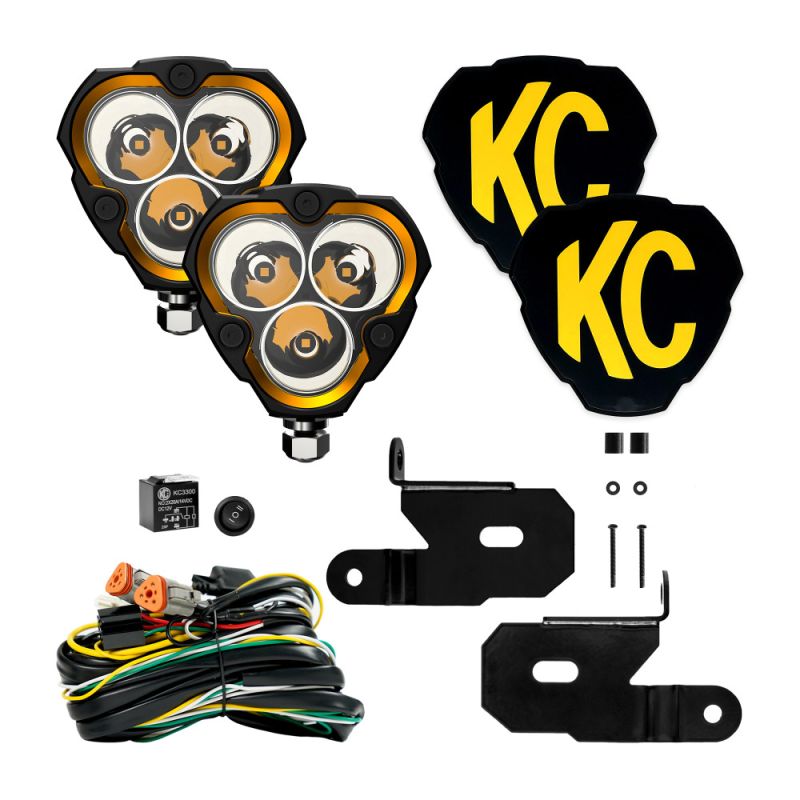 KC HiLiTES FLEX ERA 3 Vehicle Light System Kit Jeep JL/JT Spot Beam and A-Pillar Bracket