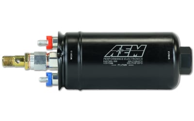 AEM 400LPH High Pressure Inline Fuel Pump - M18x1.5 Female Inlet to M12x1.5 Male Outlet