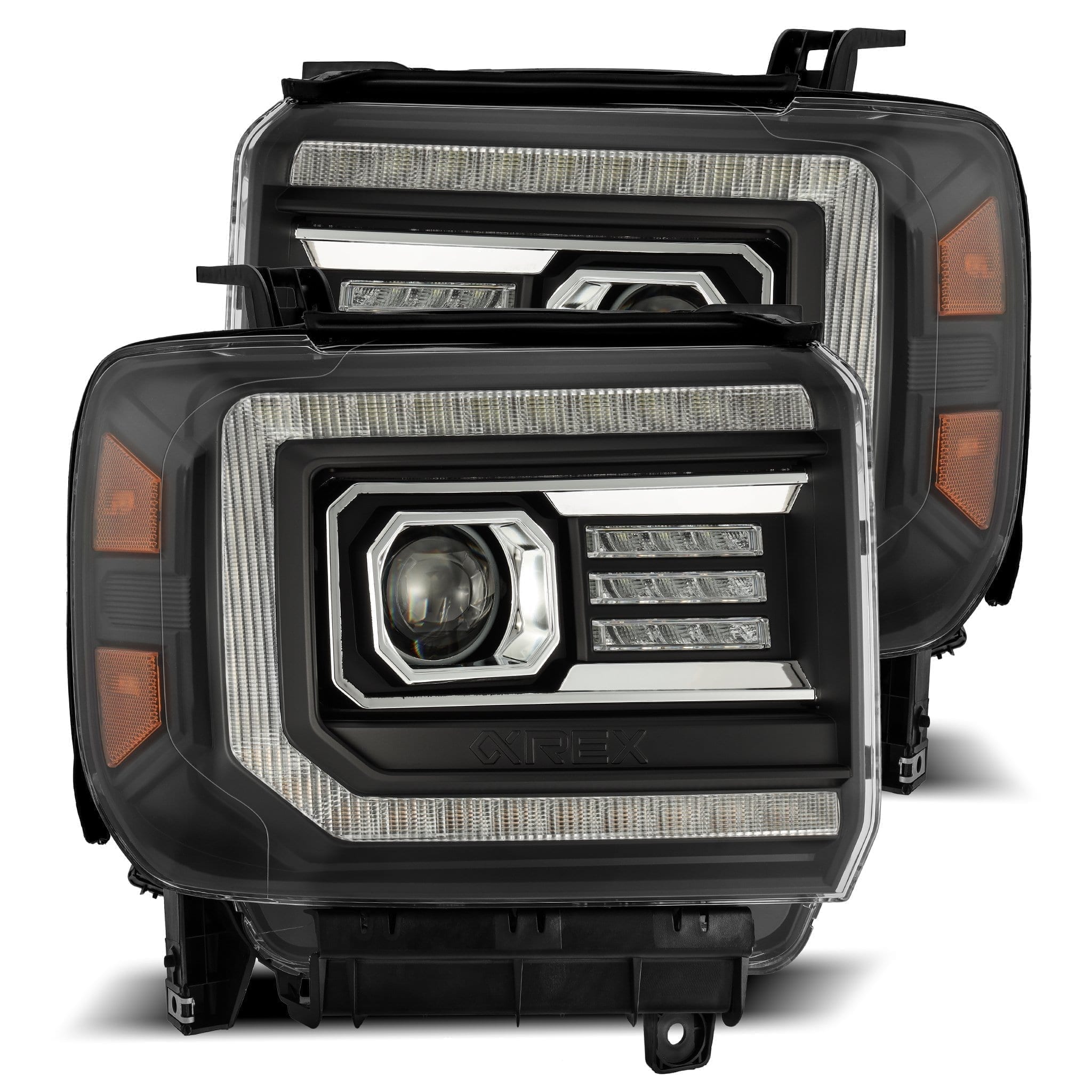 AlphaRex 14-18 GMC Sierra LUXX LED Proj Headlights Plank Style Black w/Activ Light/Seq Signal/DRL