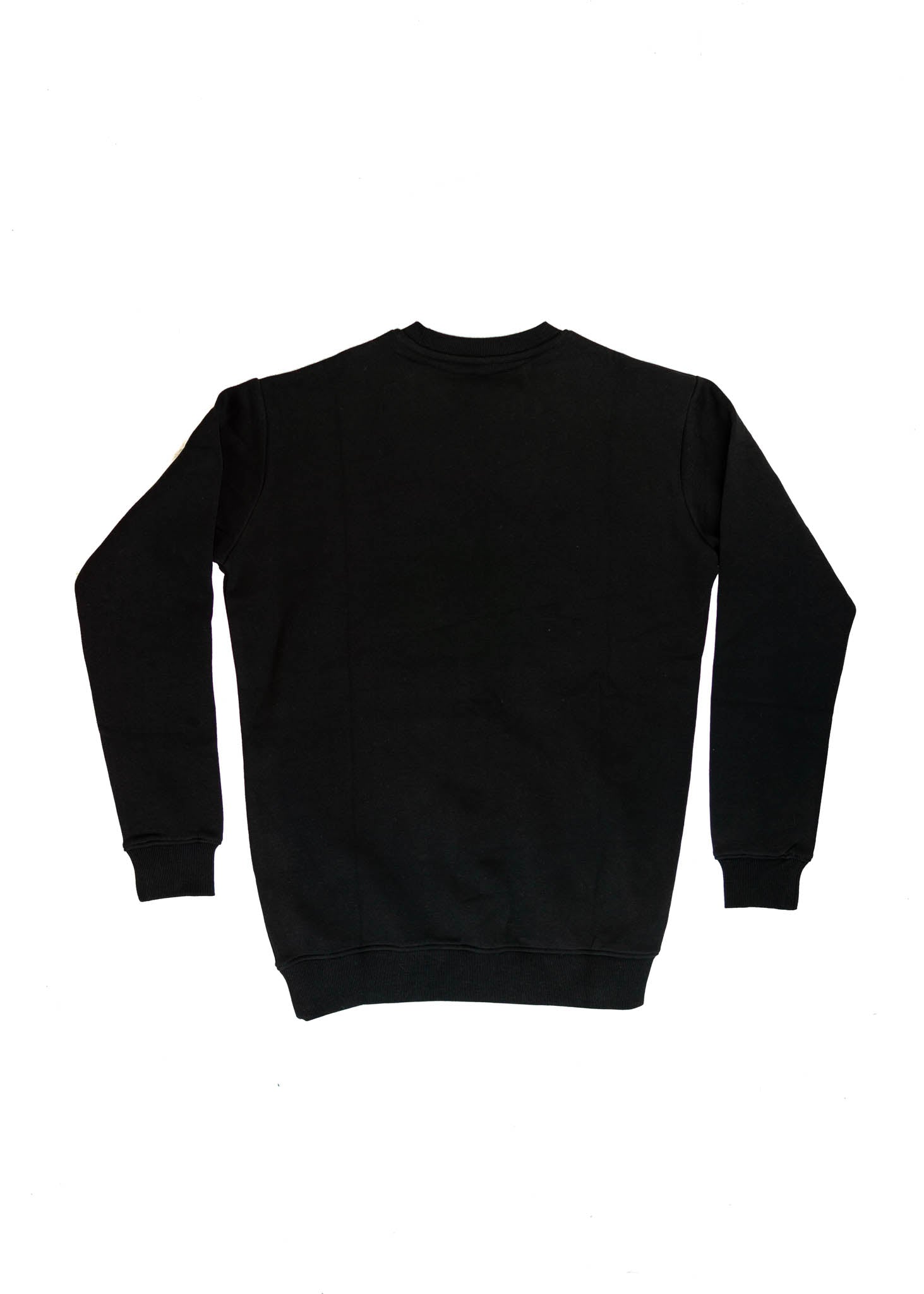 A black men's high quality crewneck sweater. Full size view of the back side of a black sweater with a red embroidered F40. Fabric composition of the shirt is cotton and polyester. The material is very soft, stretchy, and non-transparent. The style of this sweater is a crewneck, long sleeve, elastic bottom, with embroidery on the left chest.