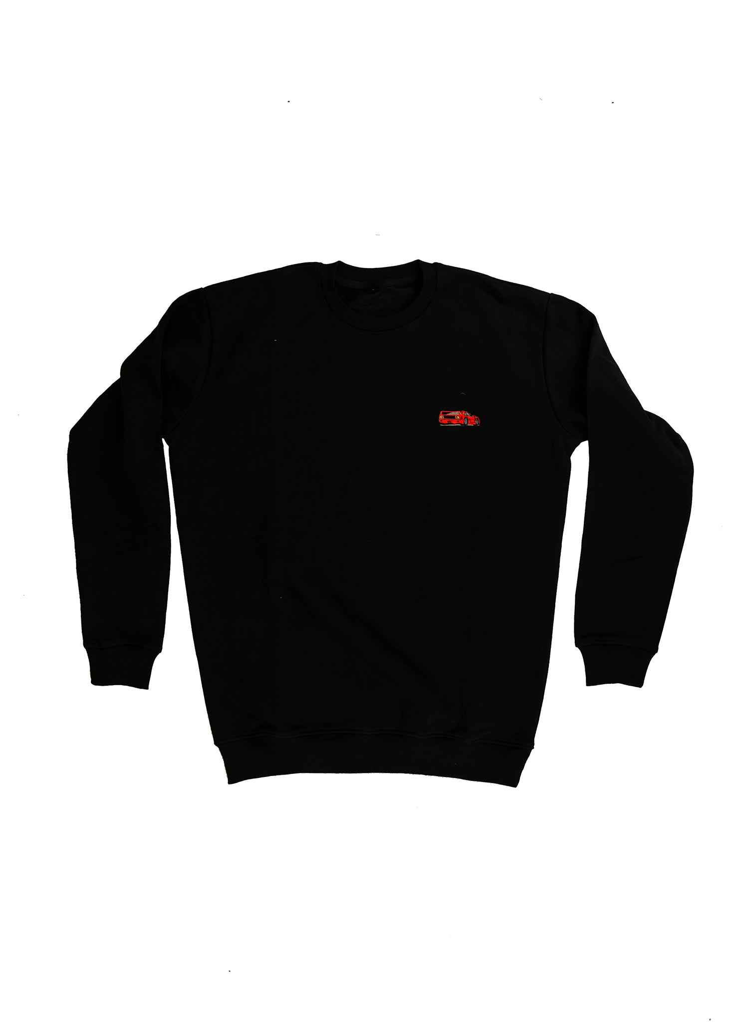 A black men's high quality crewneck sweater. Full size front view of the black sweater with a red embroidered F40. Fabric composition is a mix of cotton and polyester. The material is very soft, stretchy, and non-transparent. The style of this sweater is a crewneck, long sleeve, elastic bottom, with embroidery on the left chest.