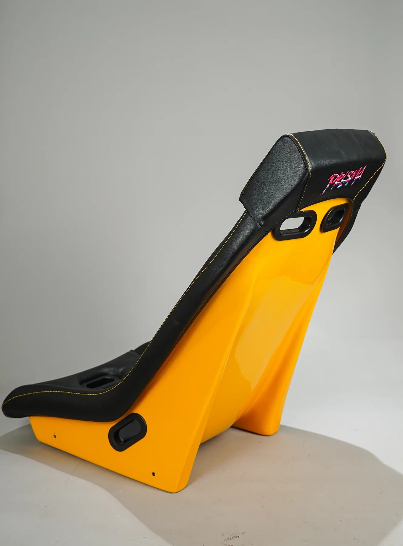 NRG GT Retro Bucket Seat - Black PVC Leather Yellow Stitching Yellow Glitter Fiberglass Back