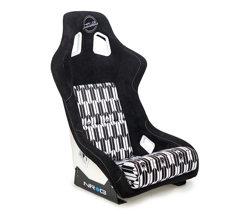 NRG FRP Bucket Seat Vegan Suede w/ Black & White Yaba Print - Large