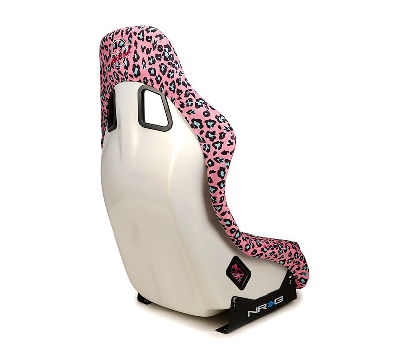 NRG FRP Bucket Seat PRISMA SAVAGE Edition White Pearlized Back Pink Panther Leopard Print - Medium