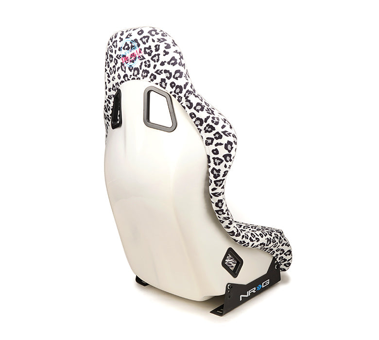 NRG FRP Bucket Seat PRISMA SAVAGE Edition White Pearlized Back Snow Leopard Print - Medium