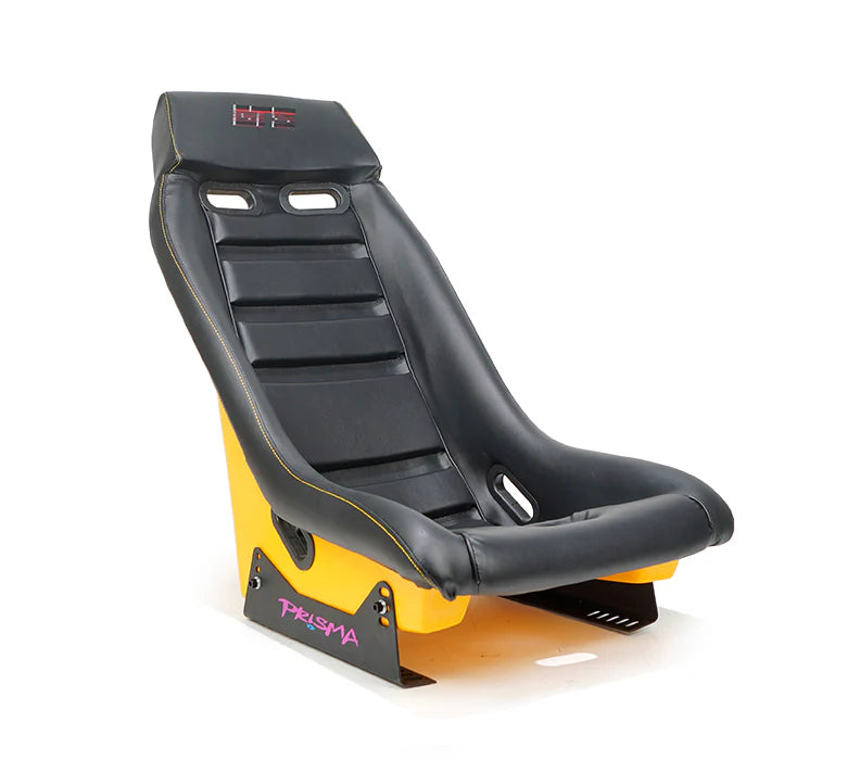 NRG GT Retro Bucket Seat - Black PVC Leather Yellow Stitching Yellow Glitter Fiberglass Back