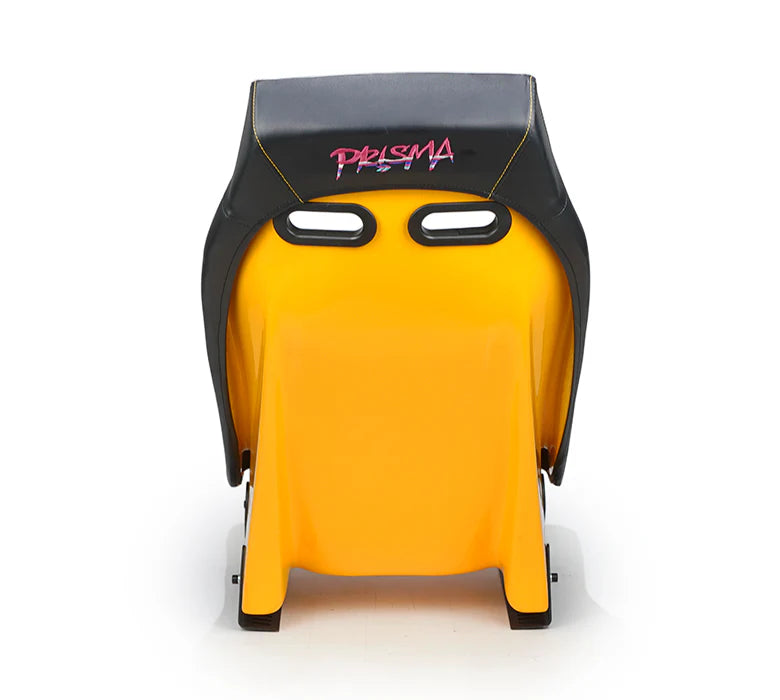 NRG GT Retro Bucket Seat - Black PVC Leather Yellow Stitching Yellow Glitter Fiberglass Back