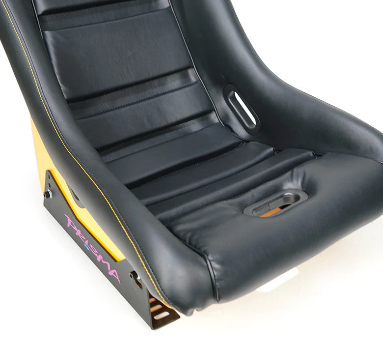 NRG GT Retro Bucket Seat - Black PVC Leather Yellow Stitching Yellow Glitter Fiberglass Back