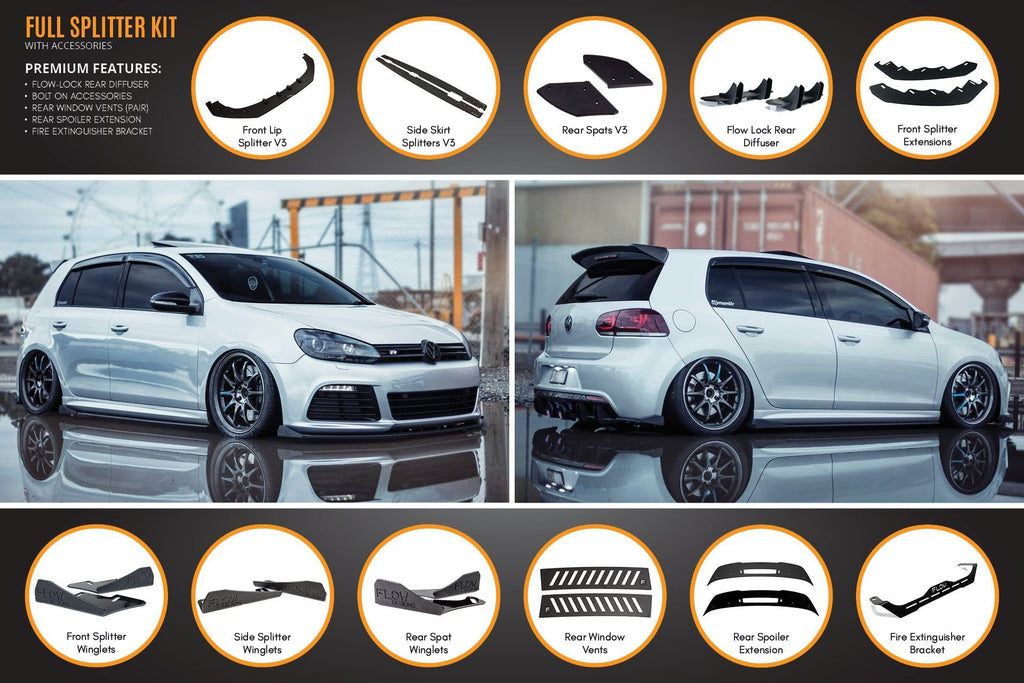 Flow Designs MK6 Golf R Full Lip Splitter Set - WITH Bolt On Accessories