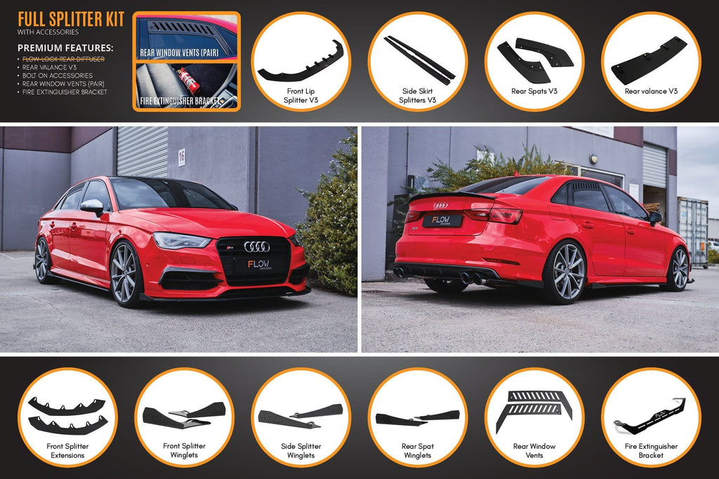 Flow Designs Audi S3 8V PFL Sedan V3 Full Lip Splitter Set - 0