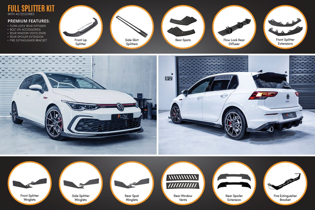 Flow Designs VW MK8 Golf GTI Full Lip Splitter Set - All Accessories