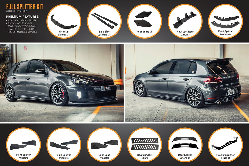 Flow Designs MK6 Golf GTI Full Lip Splitter Set - WITH Bolt On Accessories