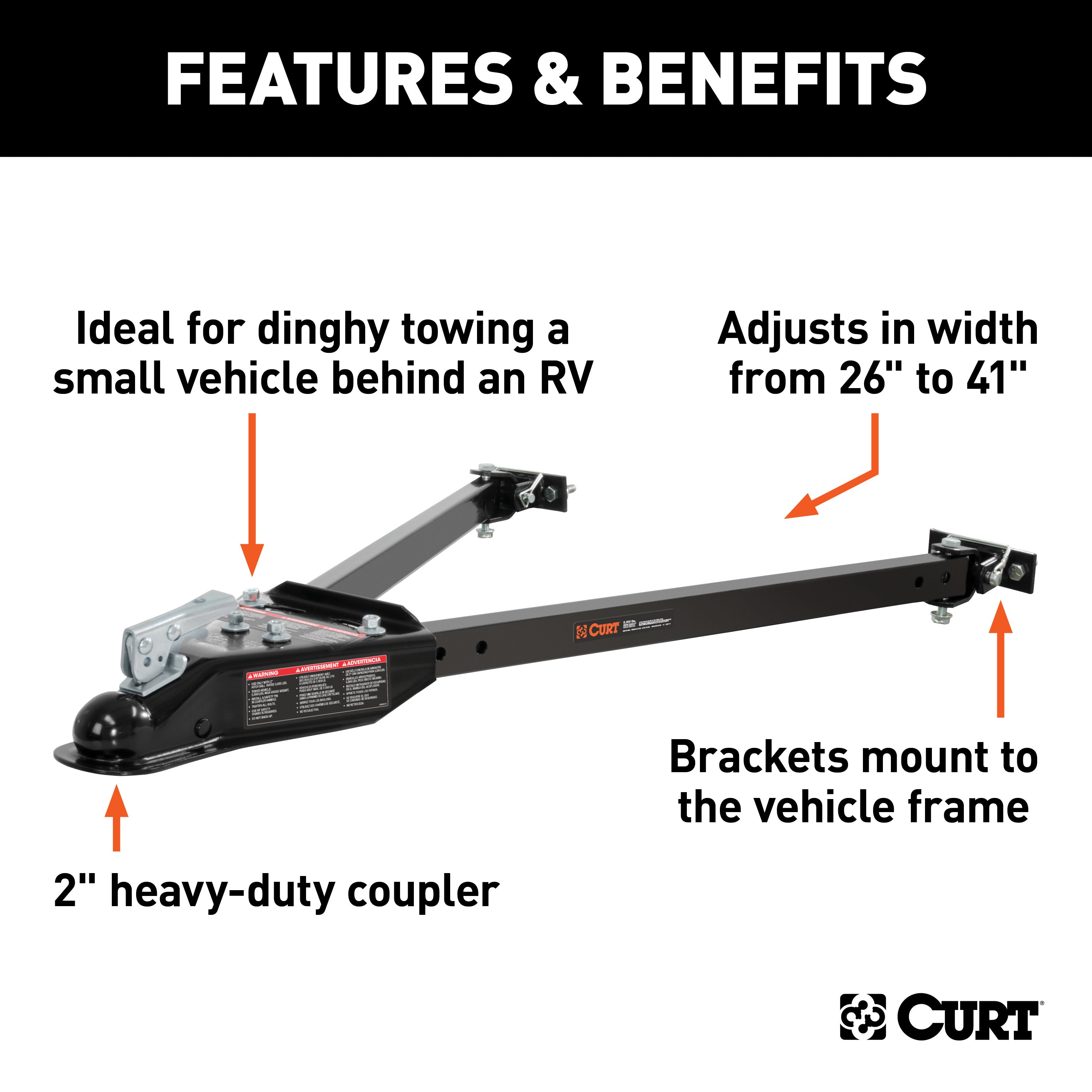 RockJock Curt Tow Bar with Adjustable Width Arms Car Mount 2in Ball 5000lbs - 0